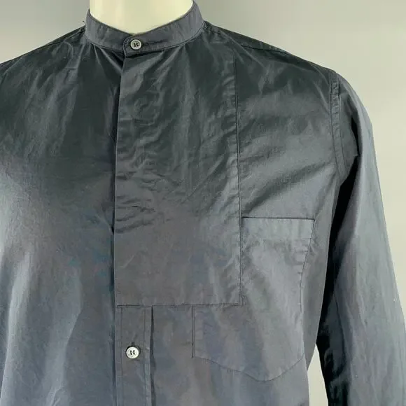 BARENA Size XL Navy Cotton Band Collar Long Sleeve Shirt